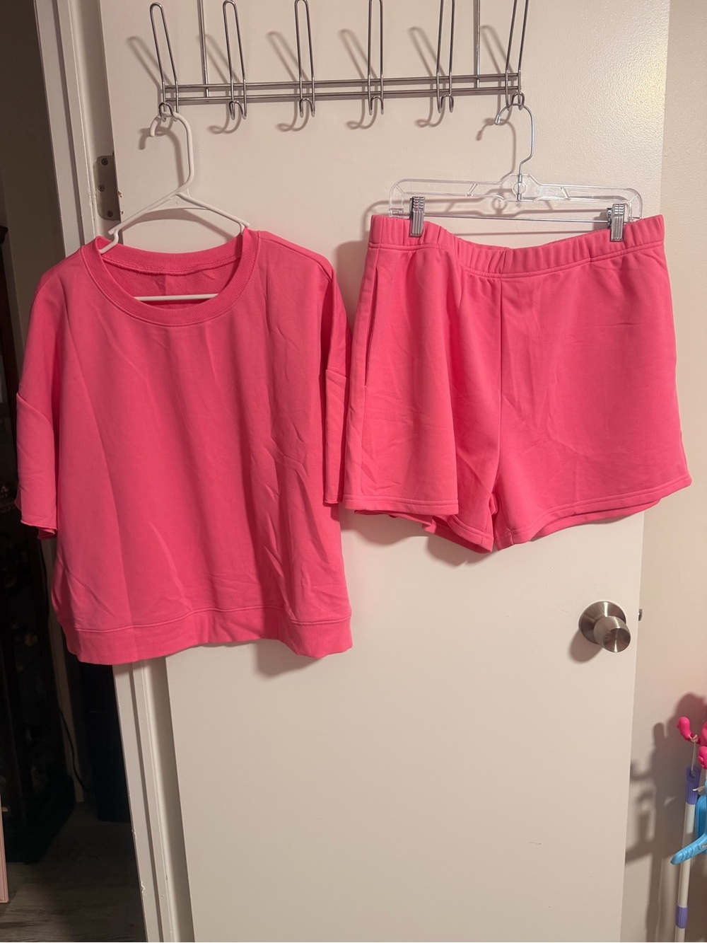 Amazon Women's Bright Pink Short Sleeve Lounge Top & Elastic Waist Shorts Set
